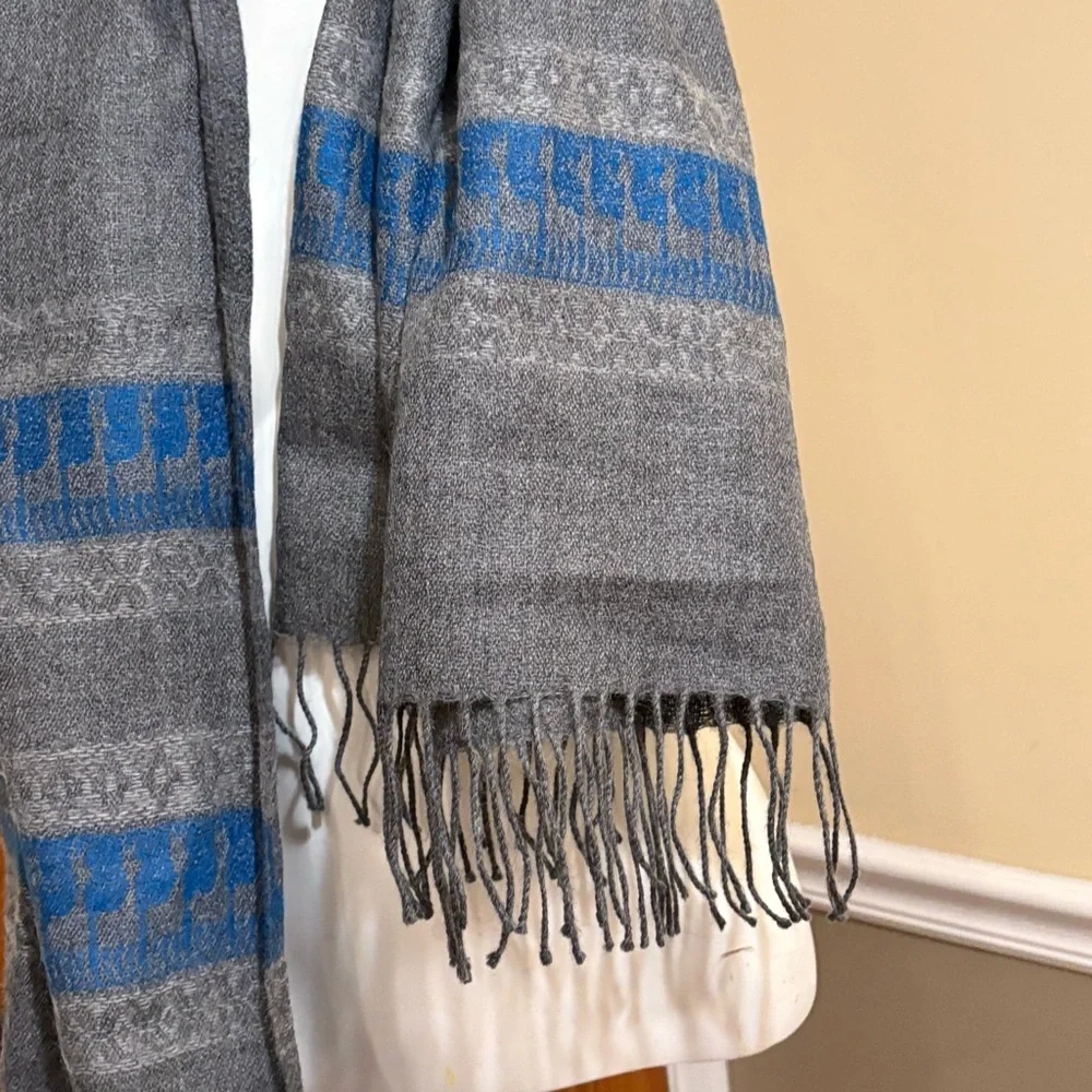 Alpaca Gray and Blue Striped Scarf with Fringe
